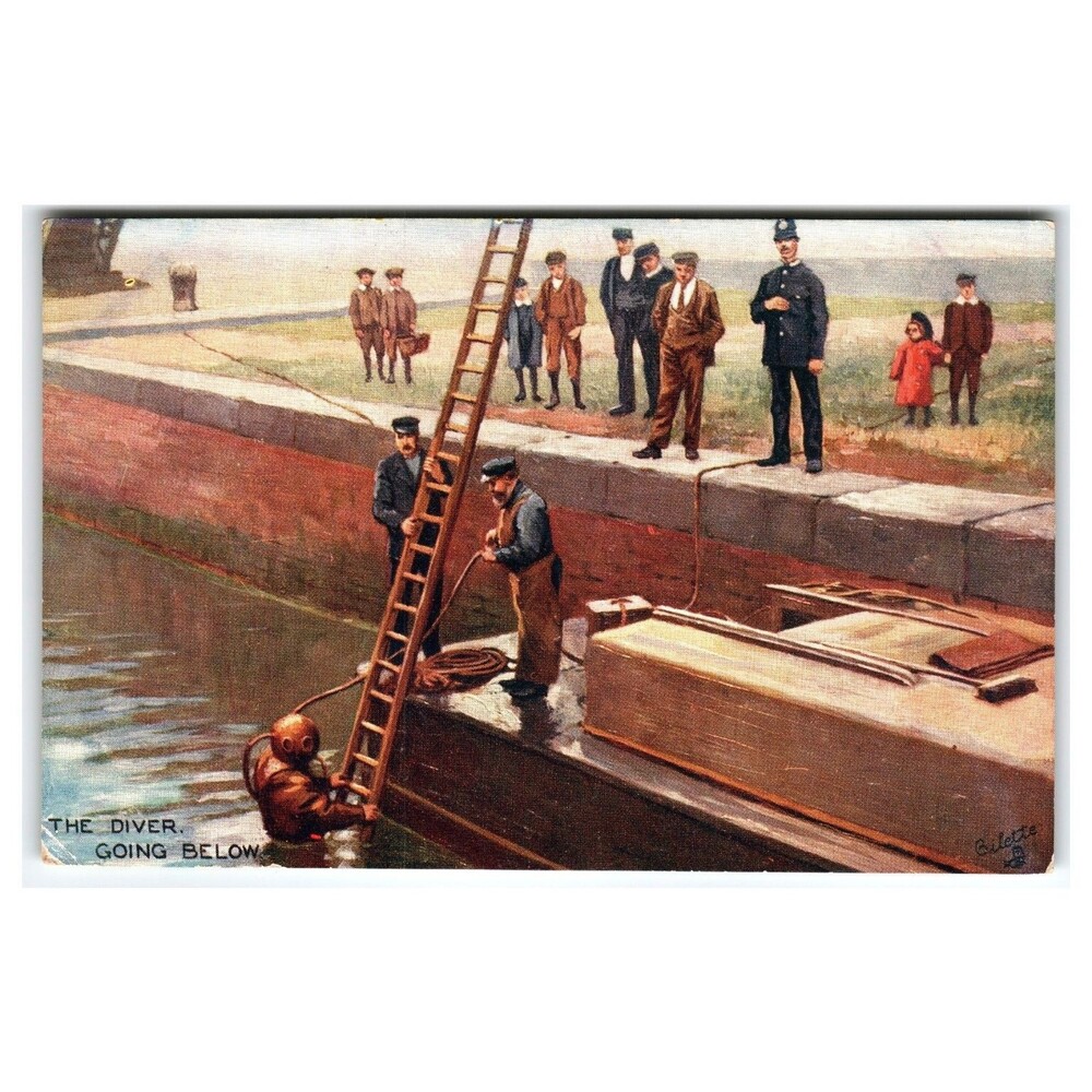 Tuck's Oilette Postcard THE Diver Going Below Vintage Scene Edwardian Era